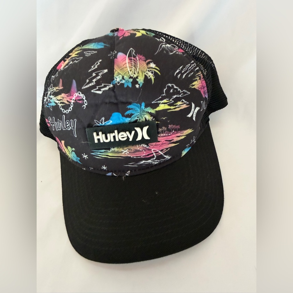 HURLEY Youth Black Trucker Hat with Neon Tropical Motif